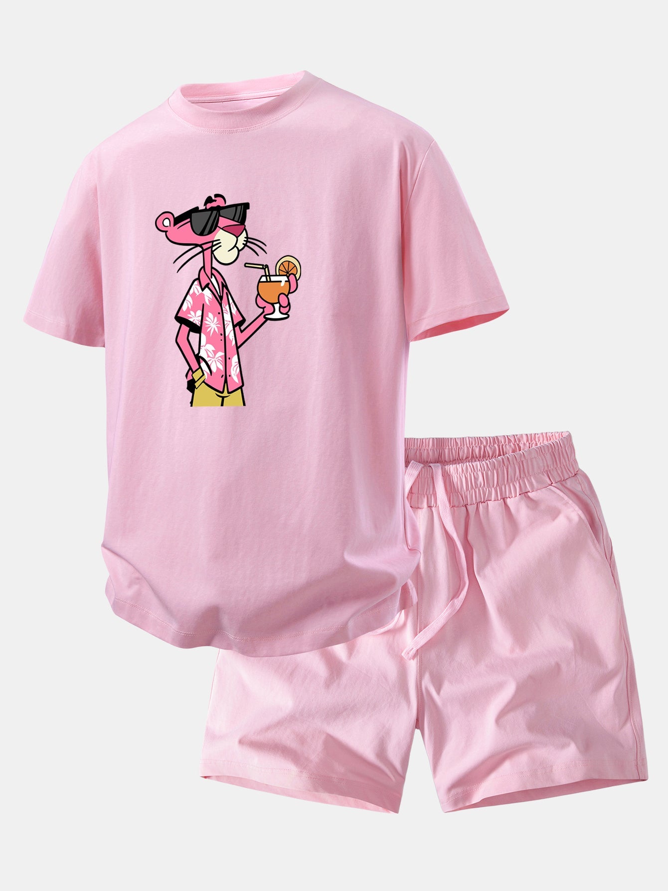 Relax Fit Vacation Pink Panther Print Crew Collar T-Shirt  & Drawstring Jersey 7" Shorts