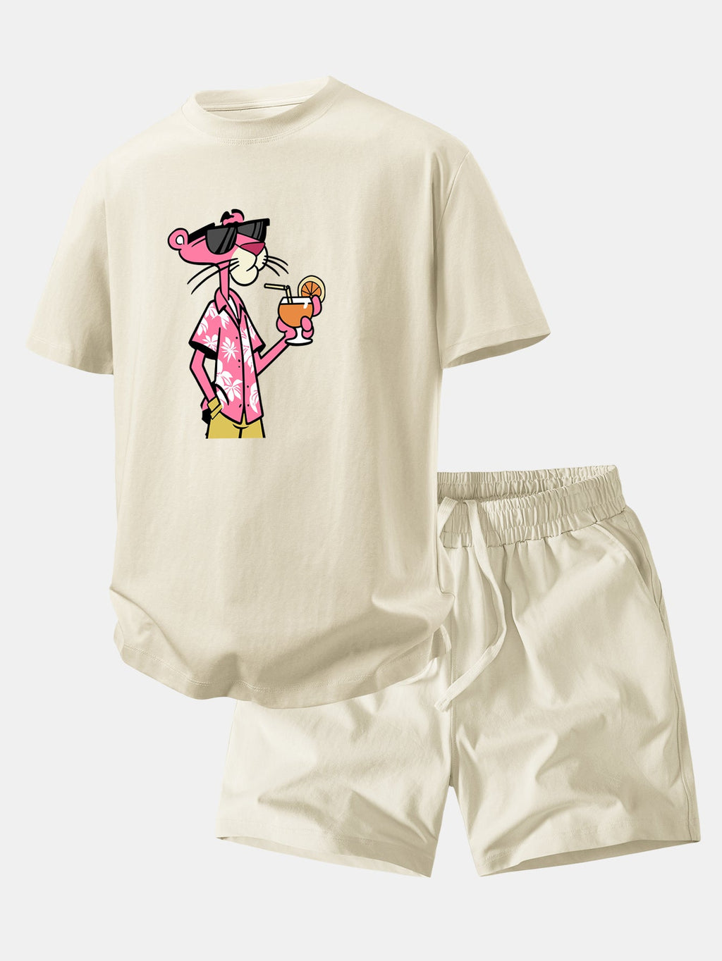 Relax Fit Vacation Pink Panther Print Crew Collar T-Shirt  & Drawstring Jersey 7" Shorts