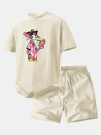 Relax Fit Vacation Pink Panther Print Crew Collar T-Shirt  & Drawstring Jersey 7" Shorts