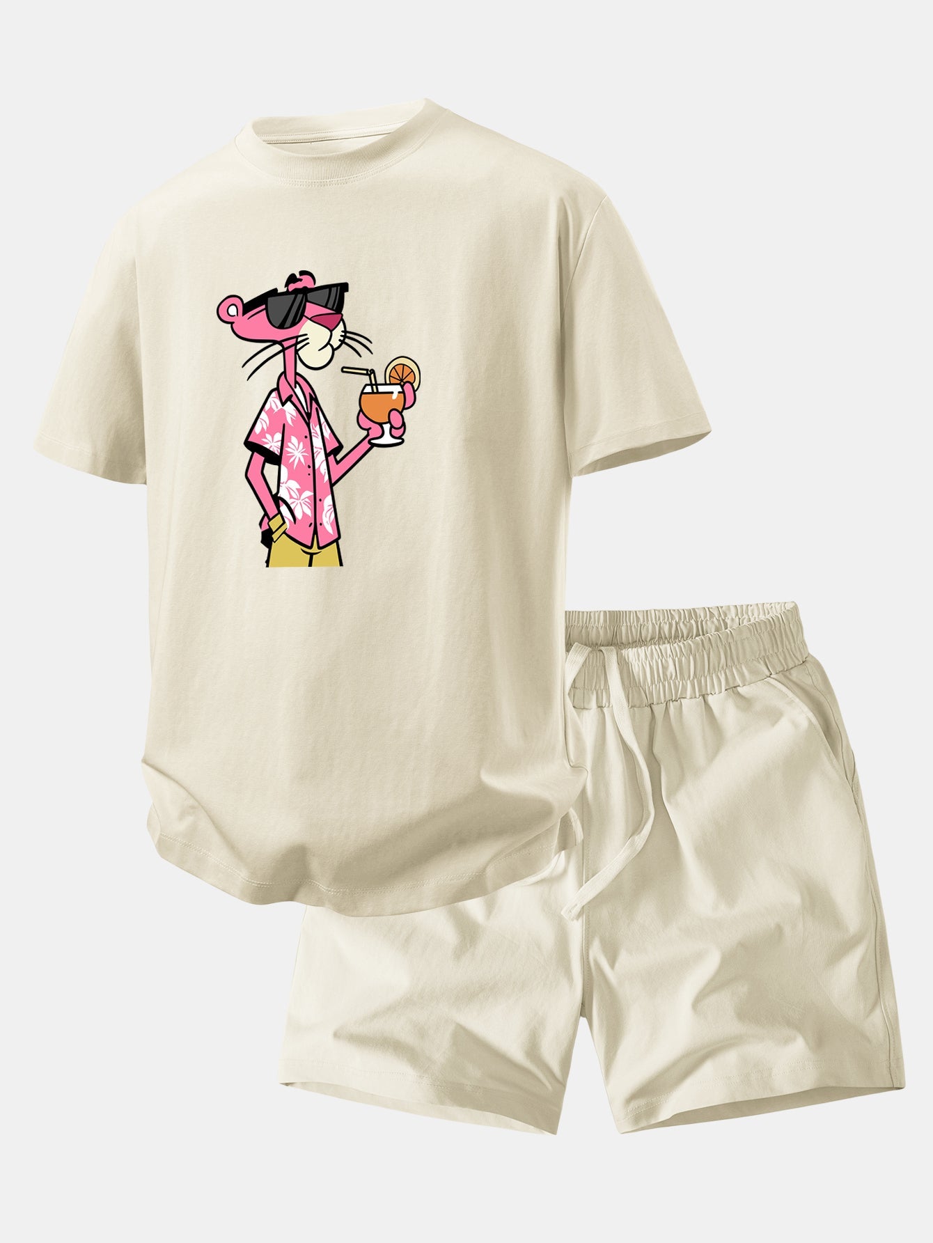 Relax Fit Vacation Pink Panther Print Crew Collar T-Shirt  & Drawstring Jersey 7" Shorts