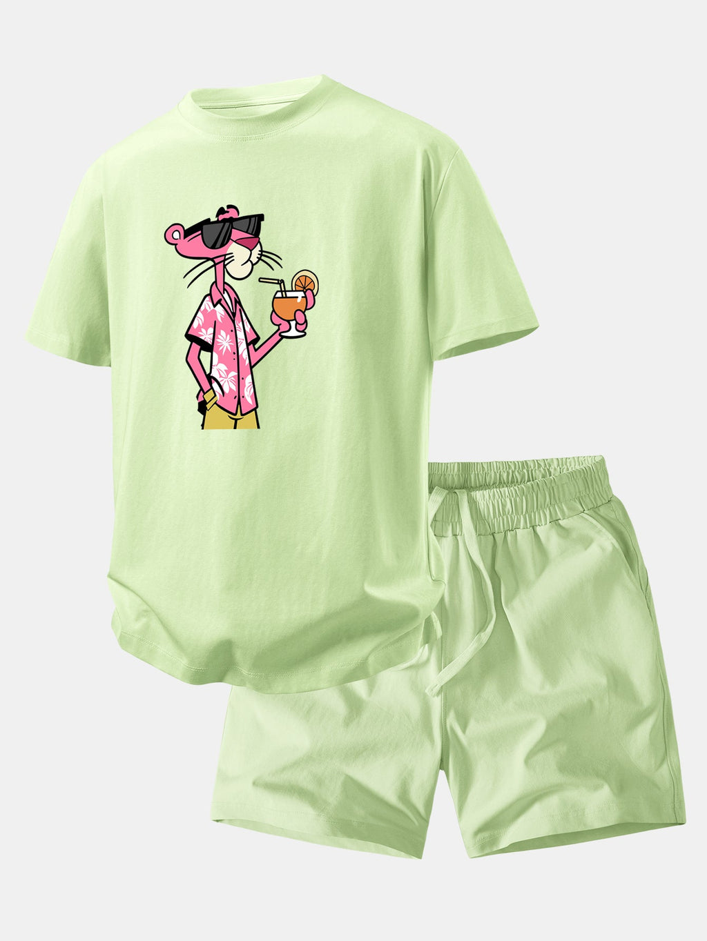 Relax Fit Vacation Pink Panther Print Crew Collar T-Shirt  & Drawstring Jersey 7" Shorts