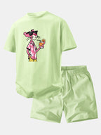 Relax Fit Vacation Pink Panther Print Crew Collar T-Shirt  & Drawstring Jersey 7" Shorts