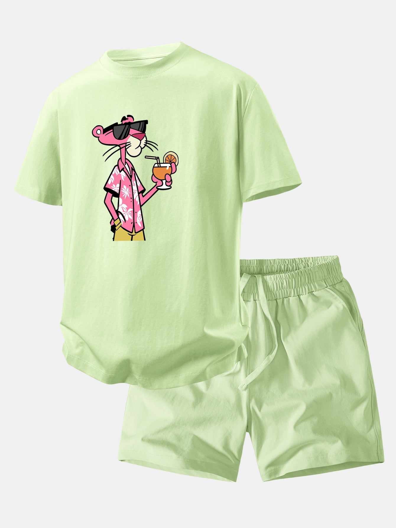 Relax Fit Vacation Pink Panther Print Crew Collar T-Shirt  & Drawstring Jersey 7" Shorts