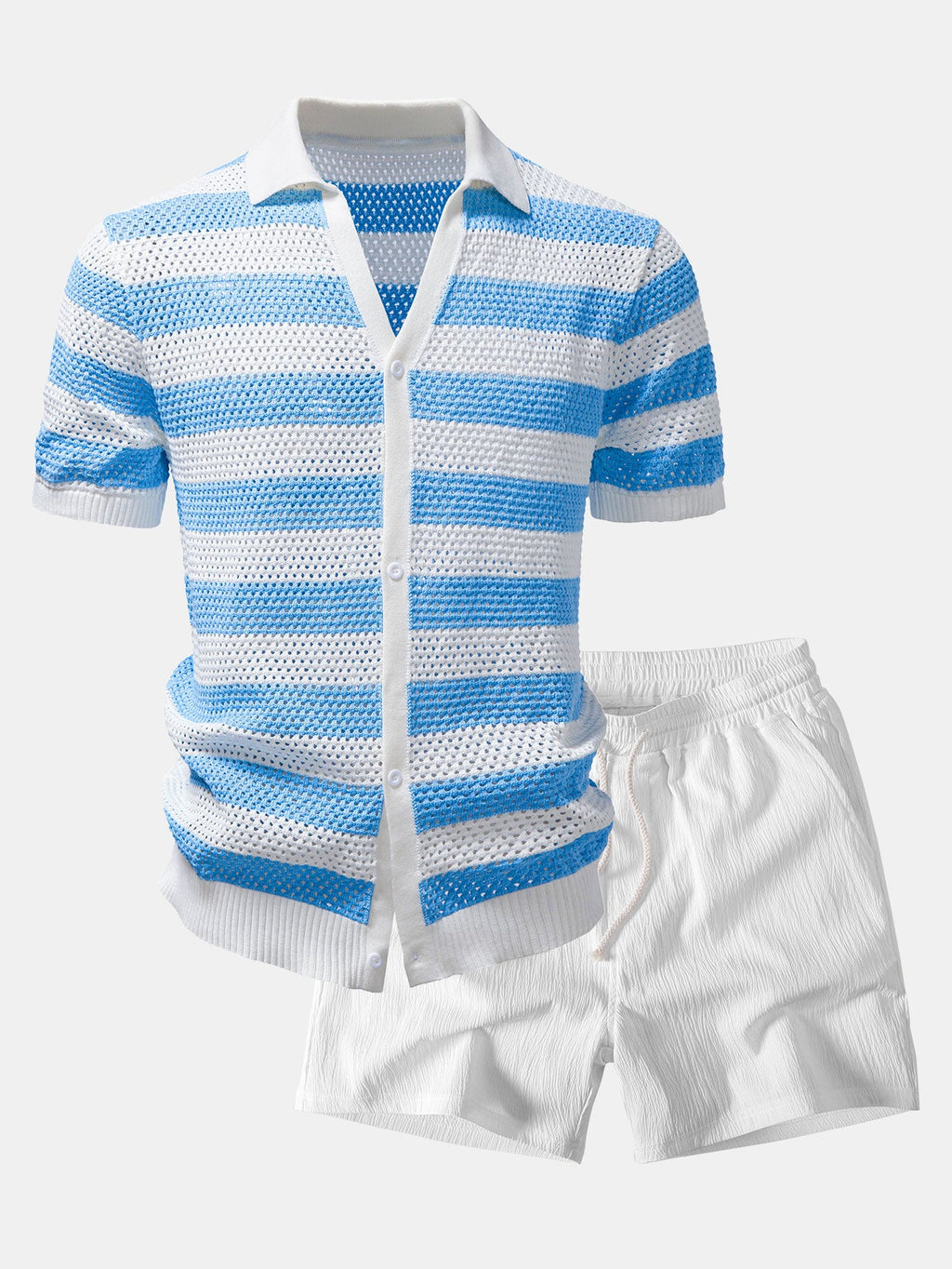 Stripe V Neck Open Knit Shirt & Crinkle Textured Drawstring 5" Shorts