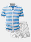 Stripe V Neck Open Knit Shirt & Crinkle Textured Drawstring 5" Shorts