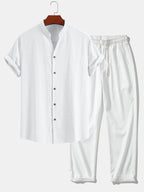 Linen Look V-Neck Stand Collar Shirt & Crinkle Textured Straight Leg Pants