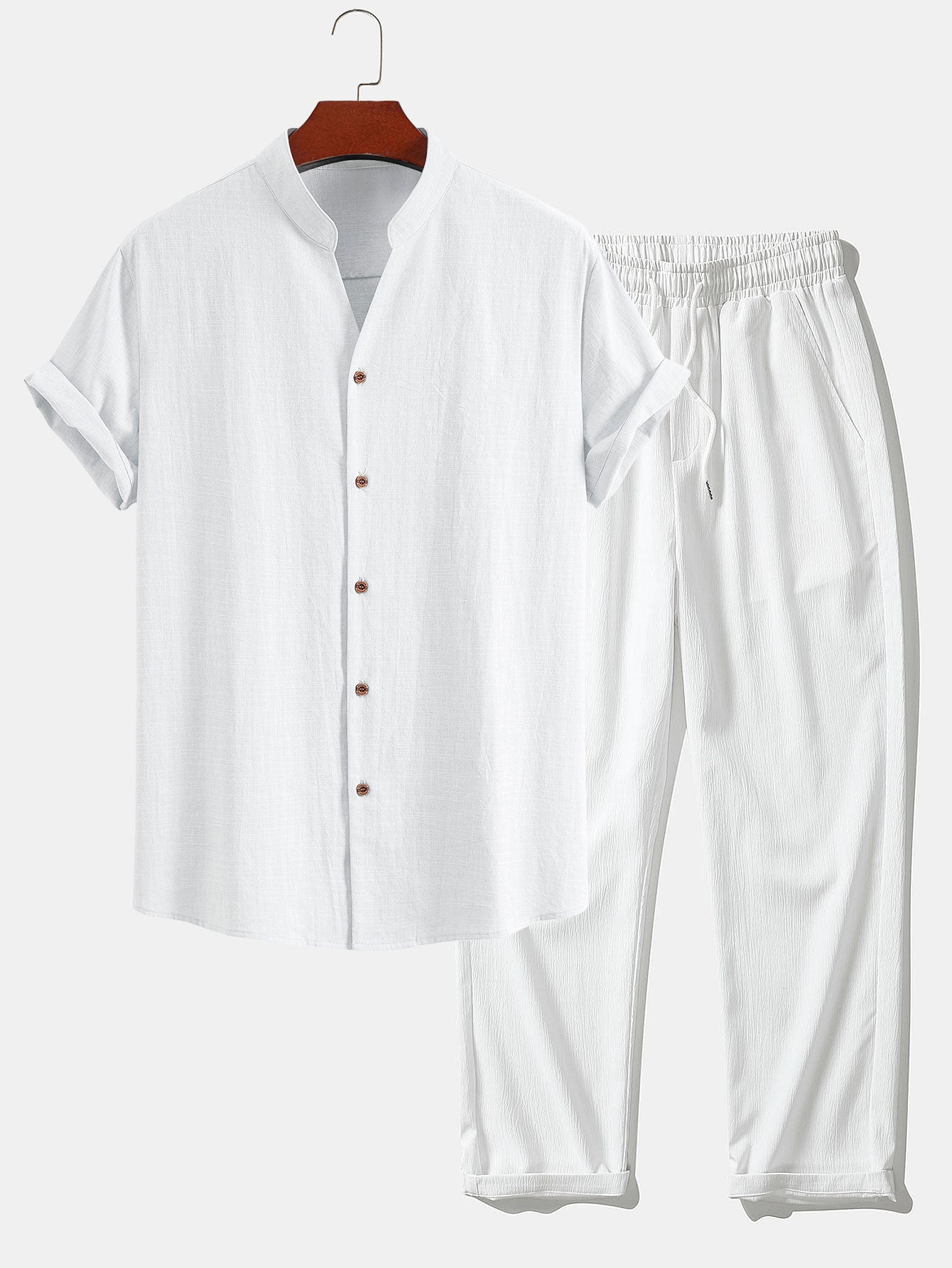Linen Look V-Neck Stand Collar Shirt & Crinkle Textured Straight Leg Pants