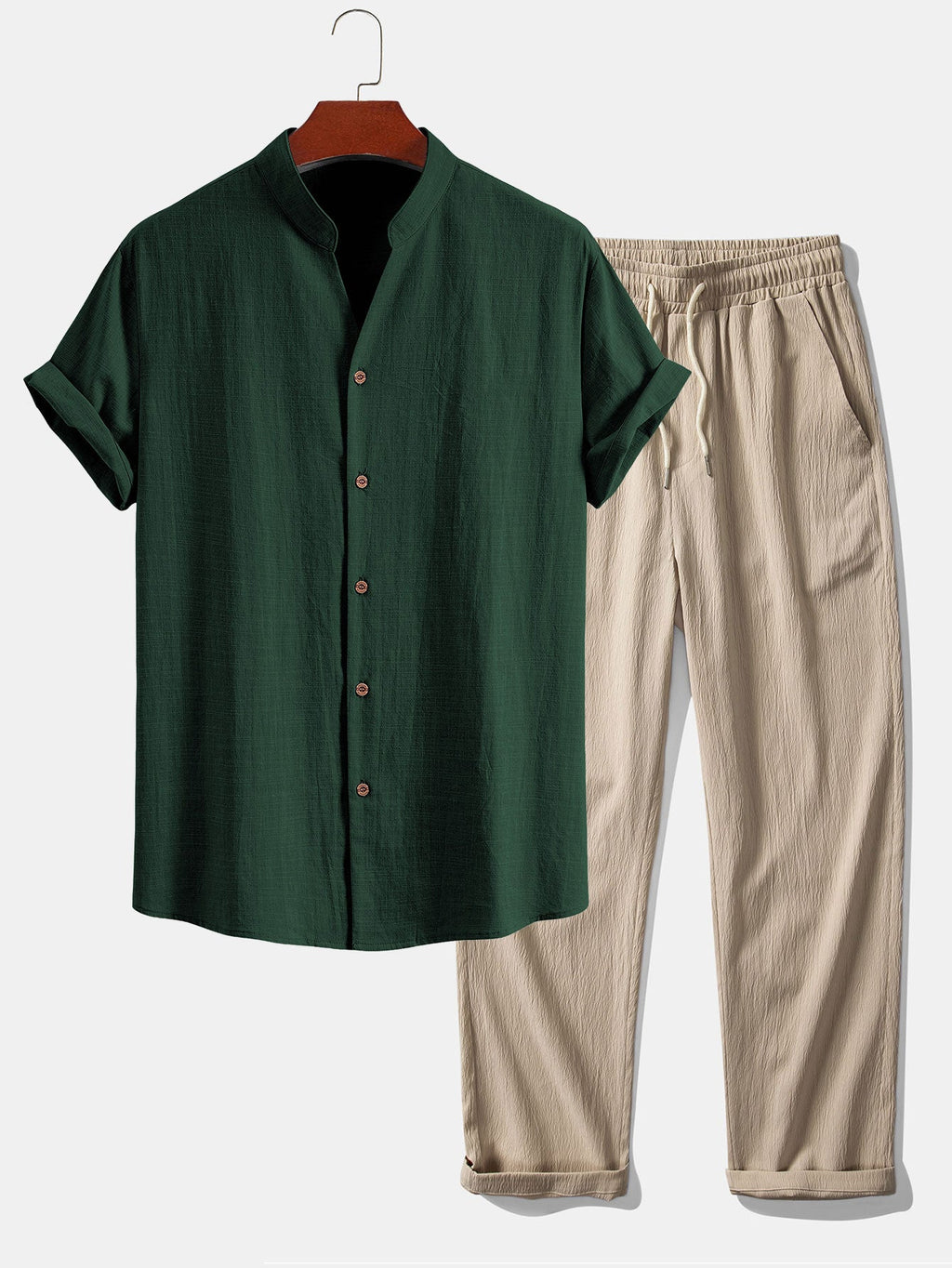 Linen Look V-Neck Stand Collar Shirt & Crinkle Textured Straight Leg Pants