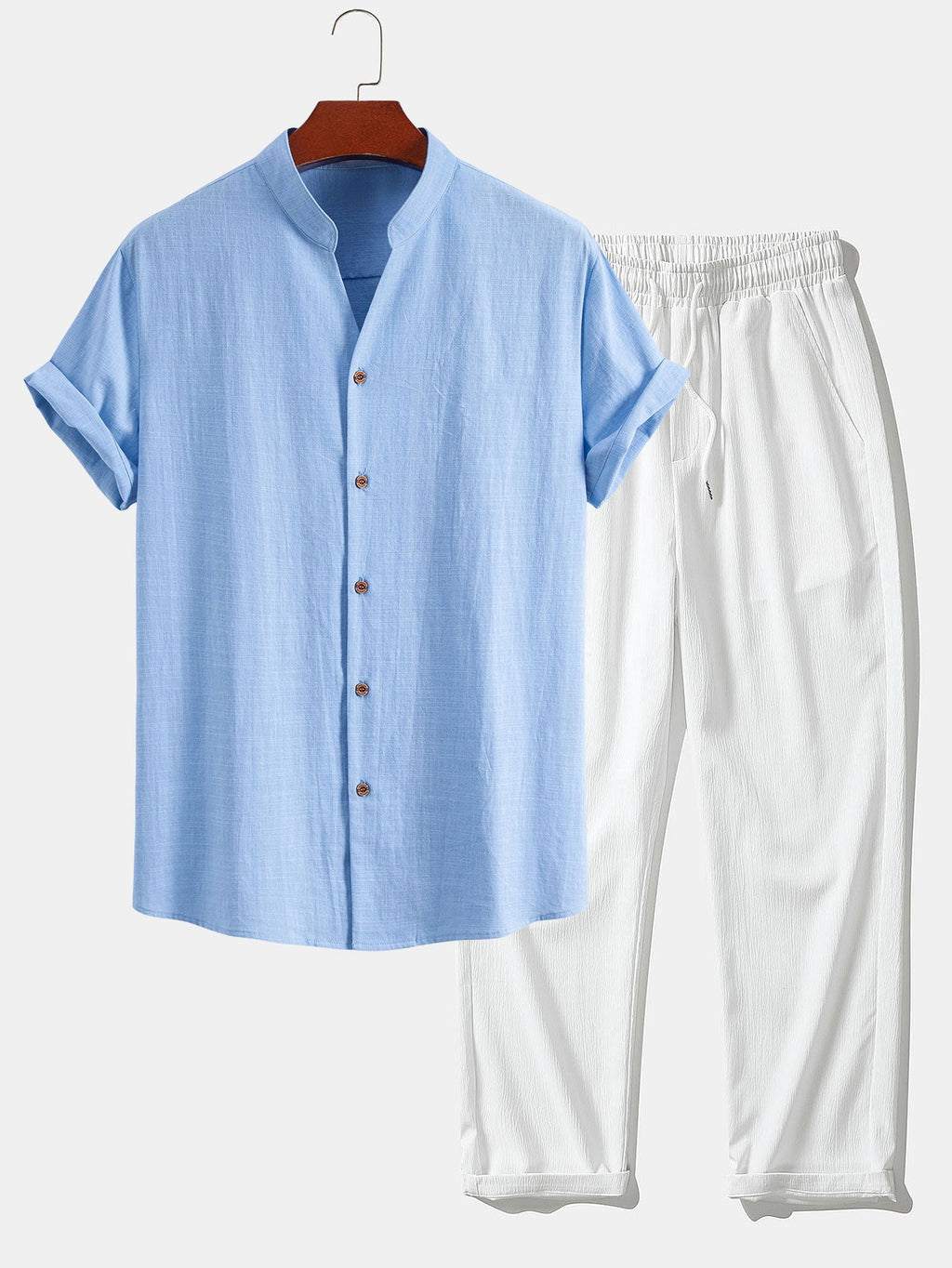 Linen Look V-Neck Stand Collar Shirt & Crinkle Textured Straight Leg Pants