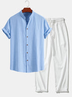 Linen Look V-Neck Stand Collar Shirt & Crinkle Textured Straight Leg Pants