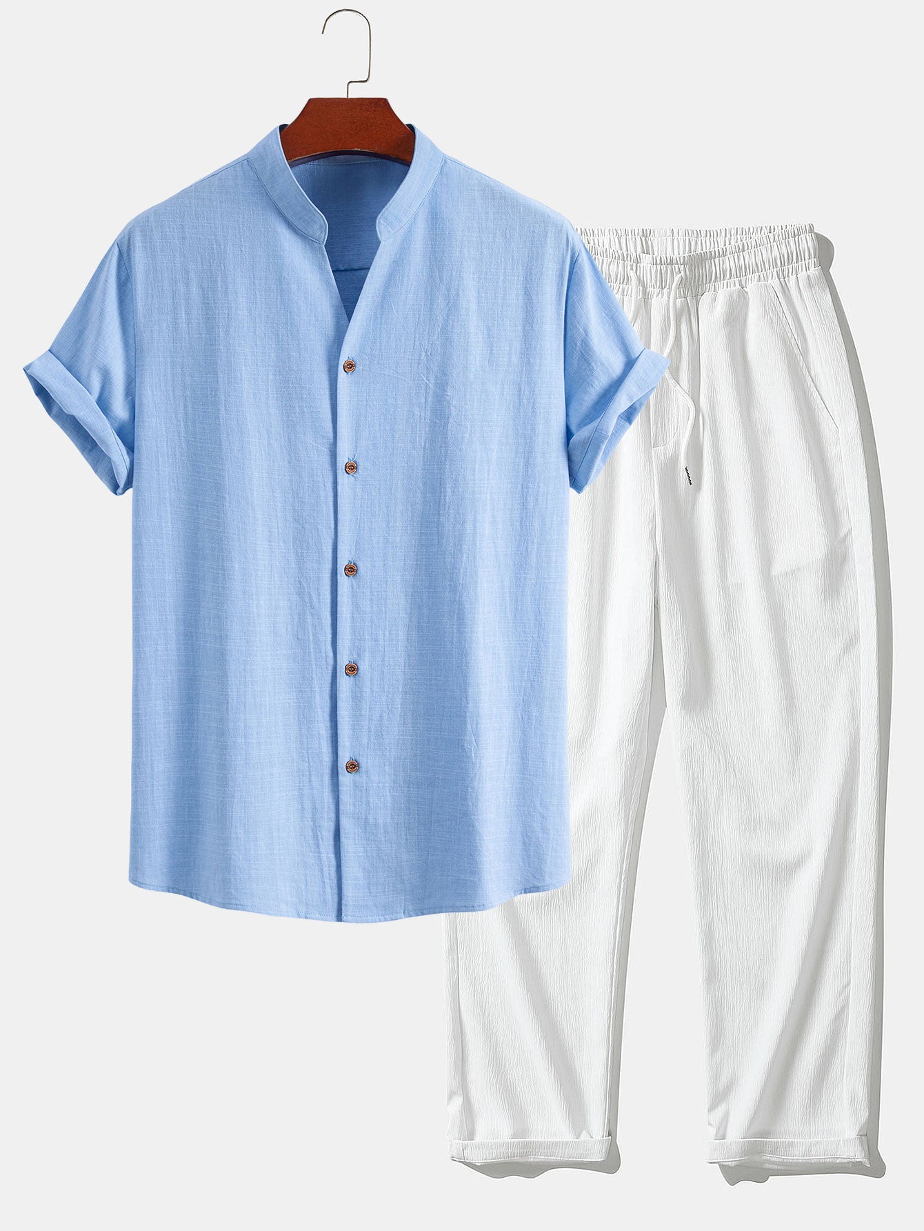 Linen Look V-Neck Stand Collar Shirt & Crinkle Textured Straight Leg Pants