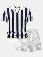 Striped V Neck Open Knit Polo & Crinkle Textured Drawstring 5" Shorts