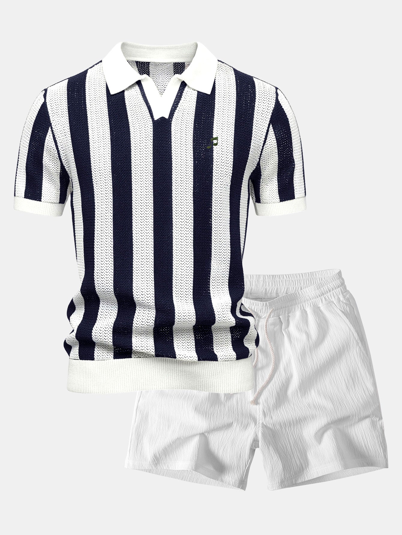 Striped V Neck Open Knit Polo & Crinkle Textured Drawstring 5" Shorts