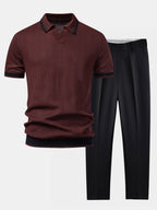 Contrast Textured Jacquard V Neck Knit Polo & Slim Fit Tapered Trousers