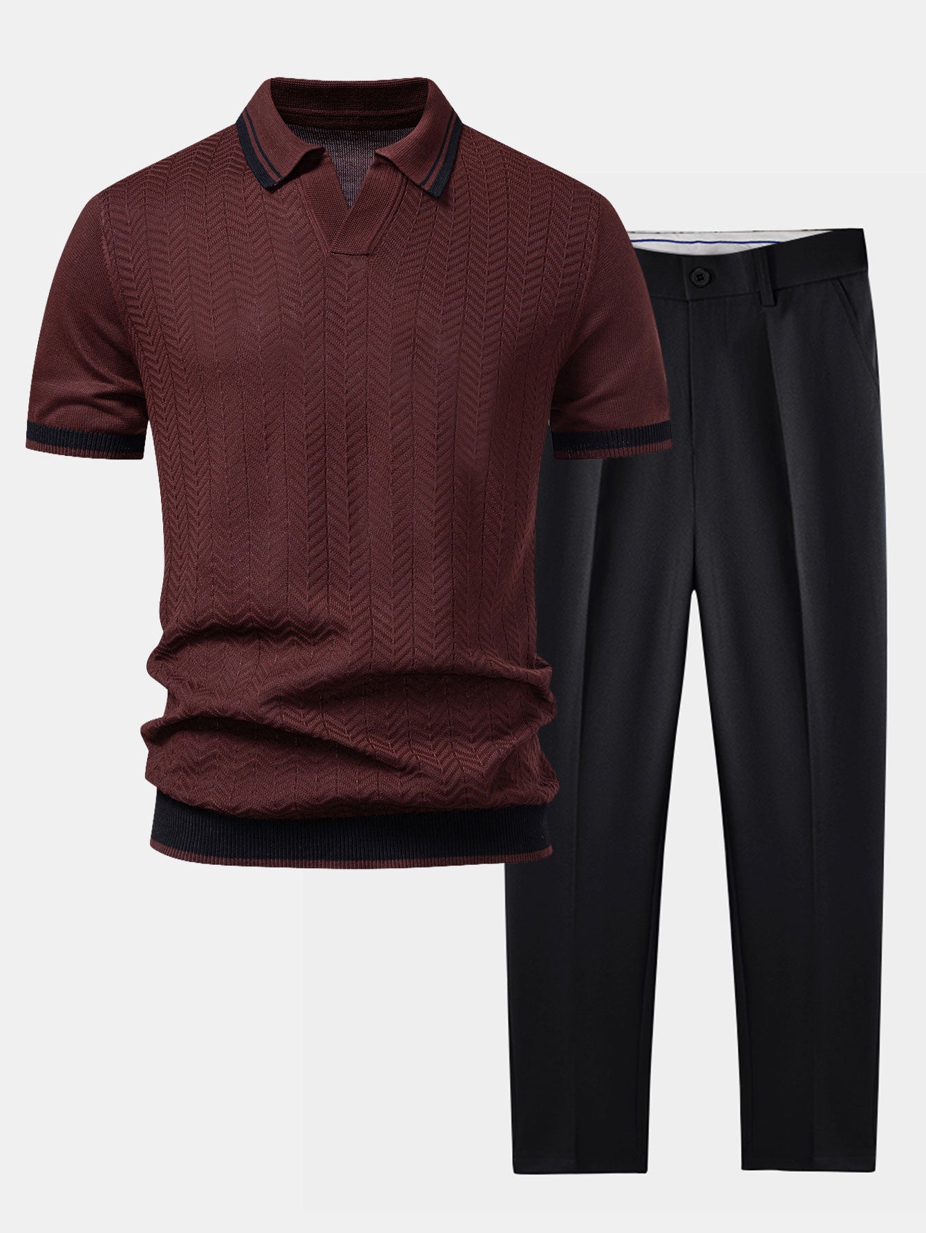 Contrast Textured Jacquard V Neck Knit Polo & Slim Fit Tapered Trousers