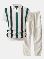 Stripe V Neck Knit Polo & Straight Leg Linen Pants