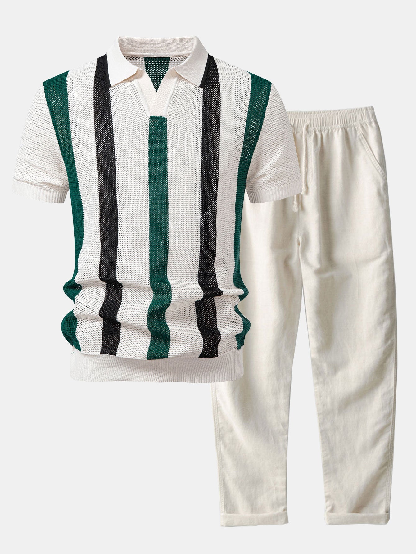 Stripe V Neck Knit Polo & Straight Leg Linen Pants