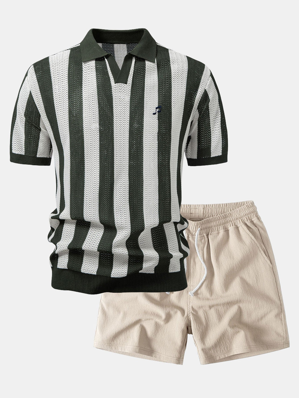 Striped V Neck Open Knit Polo & Crinkle Textured Drawstring 5" Shorts