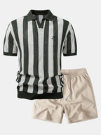 Striped V Neck Open Knit Polo & Crinkle Textured Drawstring 5" Shorts