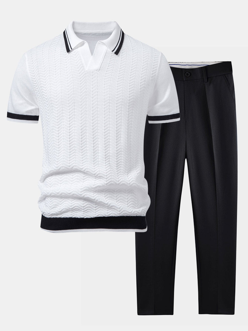 Contrast Textured Jacquard V Neck Knit Polo & Slim Fit Tapered Trousers