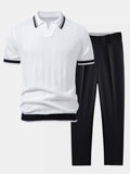 Contrast Textured Jacquard V Neck Knit Polo & Slim Fit Tapered Trousers