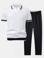 Contrast Textured Jacquard V Neck Knit Polo & Slim Fit Tapered Trousers