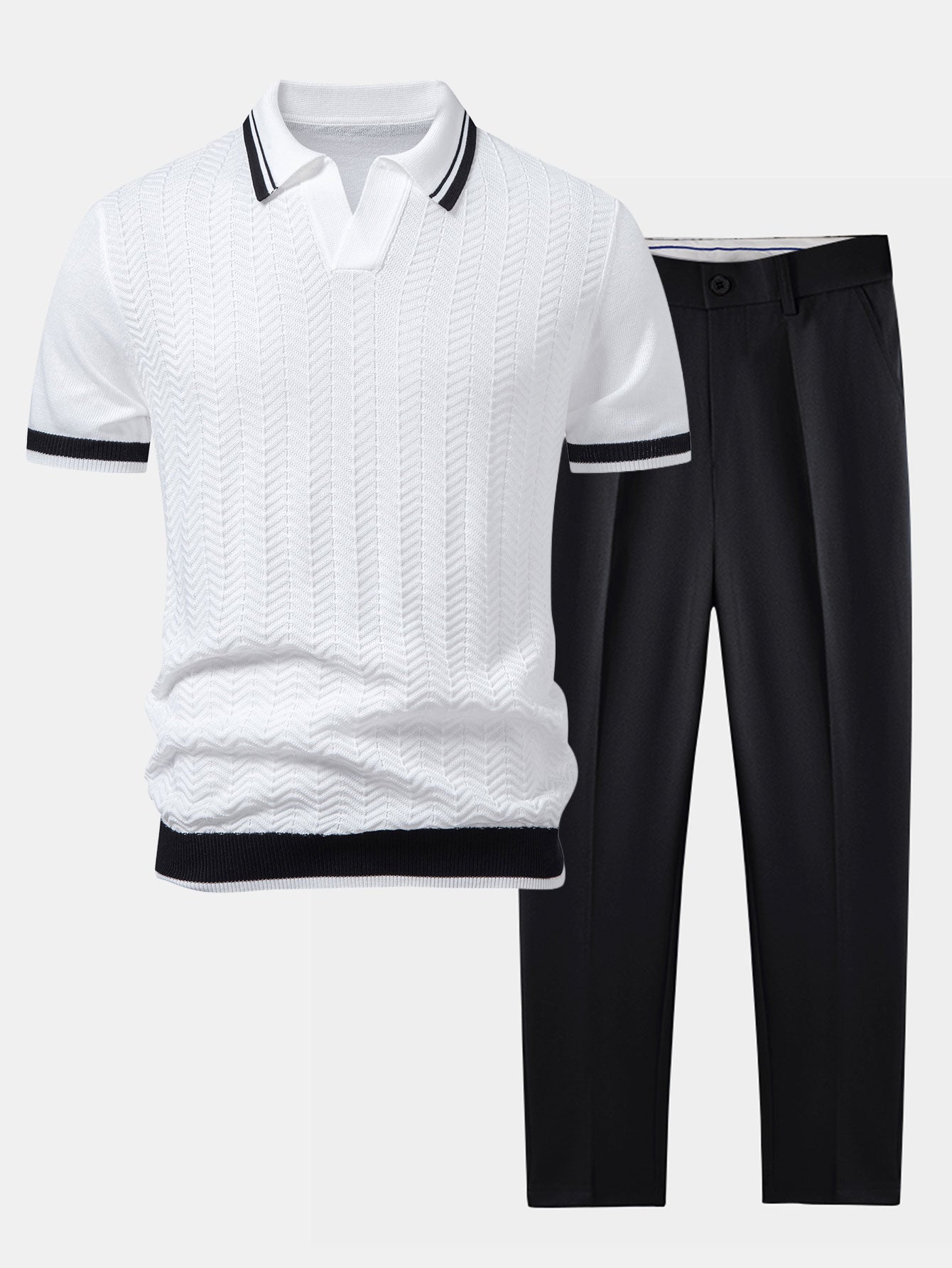Contrast Textured Jacquard V Neck Knit Polo & Slim Fit Tapered Trousers