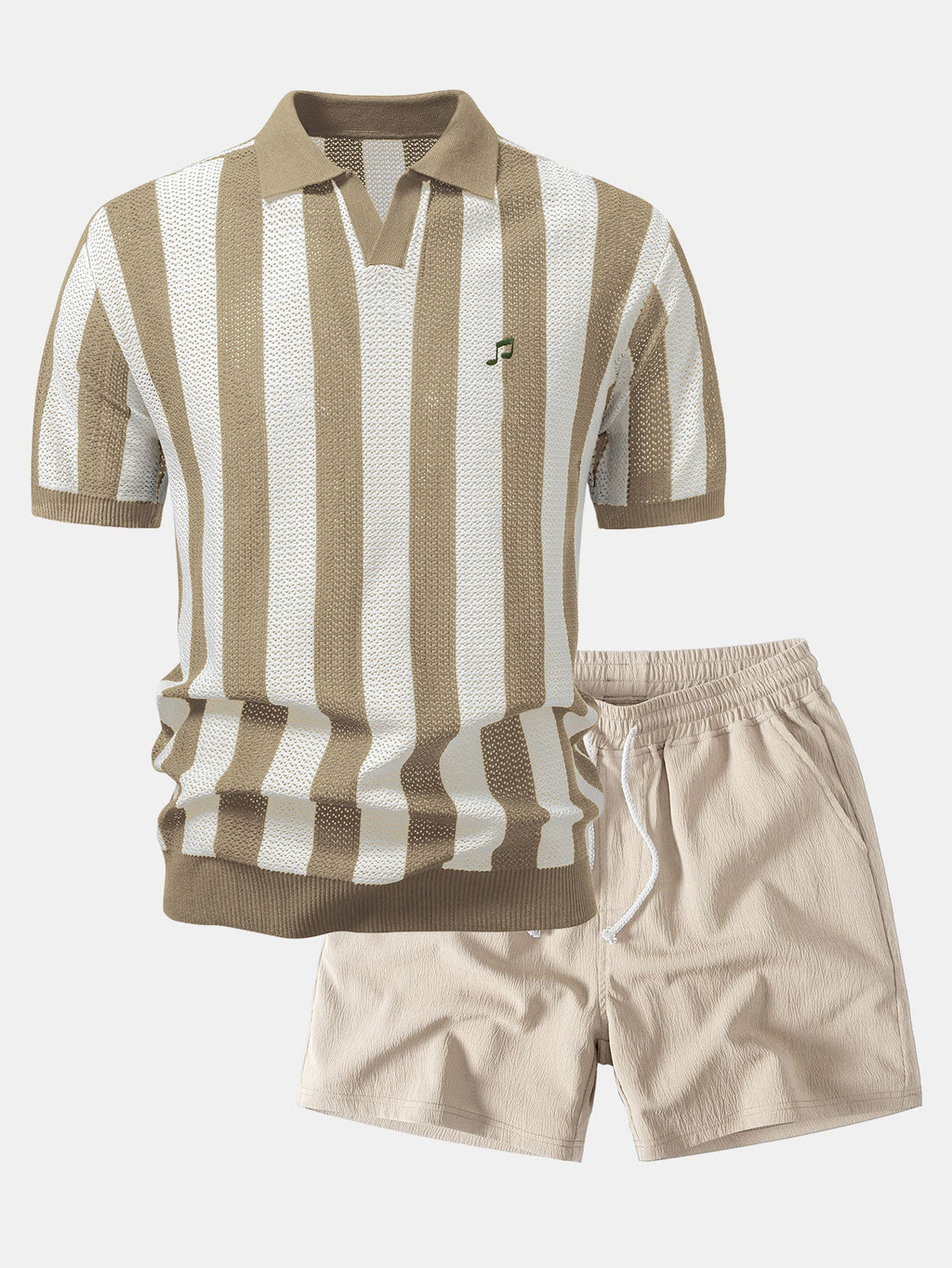 Striped V Neck Open Knit Polo & Crinkle Textured Drawstring 5" Shorts