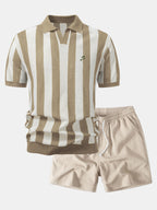 Striped V Neck Open Knit Polo & Crinkle Textured Drawstring 5" Shorts