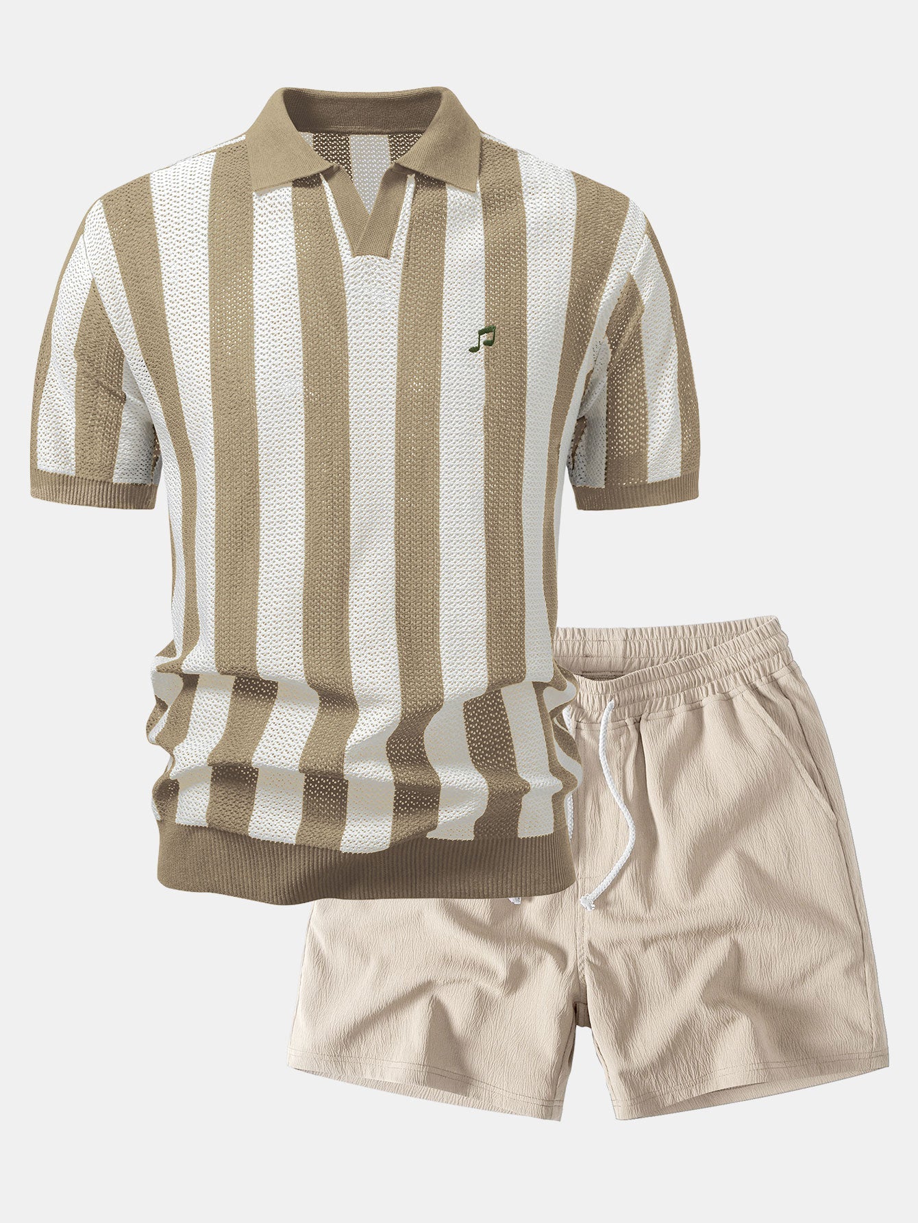 Striped V Neck Open Knit Polo & Crinkle Textured Drawstring 5" Shorts