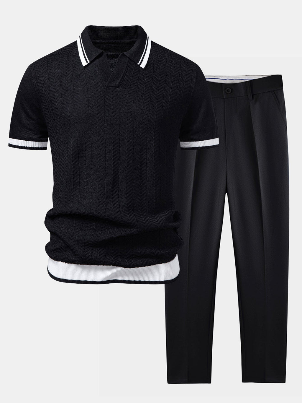 Contrast Textured Jacquard V Neck Knit Polo & Slim Fit Tapered Trousers