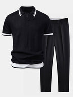 Contrast Textured Jacquard V Neck Knit Polo & Slim Fit Tapered Trousers