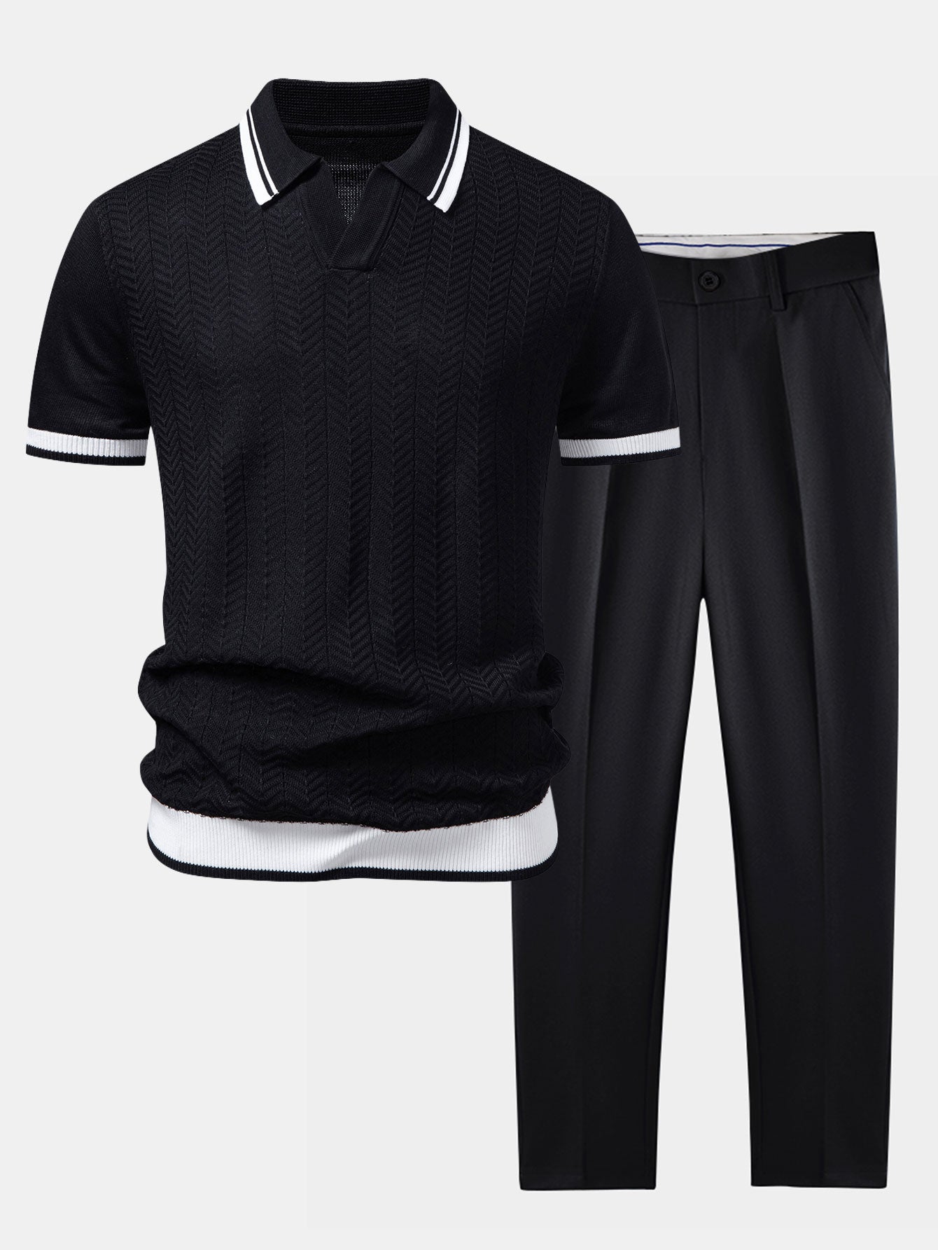 Contrast Textured Jacquard V Neck Knit Polo & Slim Fit Tapered Trousers