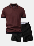 Contrast Textured Jacquard V Neck Knit Polo & Elastic Waist Chino Shorts