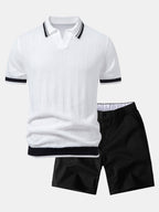 Contrast Textured Jacquard V Neck Knit Polo & Elastic Waist Chino Shorts