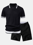 Contrast Textured Jacquard V Neck Knit Polo & Elastic Waist Chino Shorts