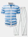Stripe V Neck Open Knit Shirt & Crinkle Textured Straight Leg Pants