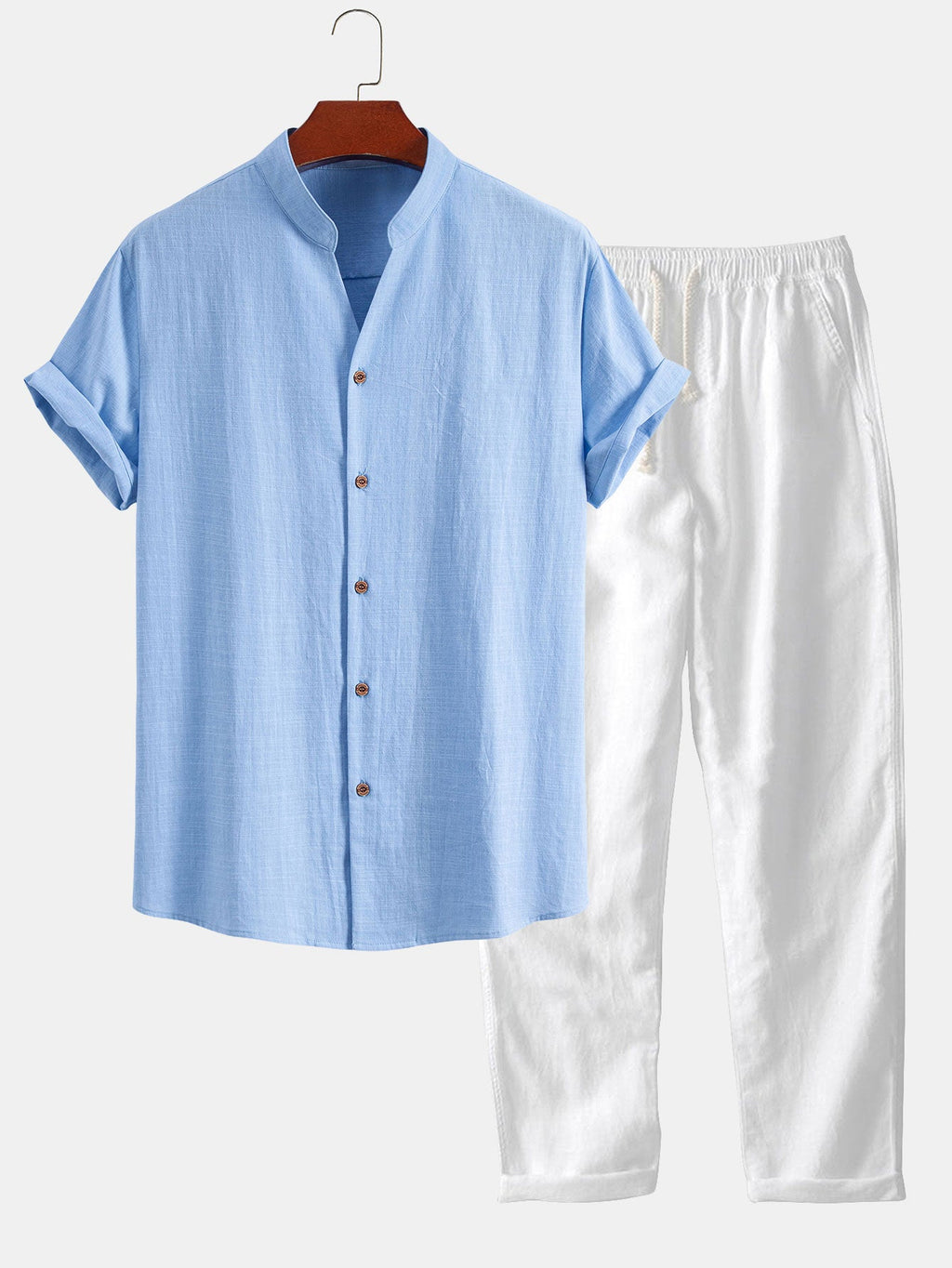 Linen Look V-Neck Stand Collar Shirt & Straight Leg Linen Pants