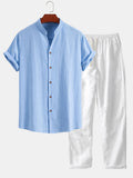 Linen Look V-Neck Stand Collar Shirt & Straight Leg Linen Pants