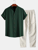 Linen Look V-Neck Stand Collar Shirt & Straight Leg Linen Pants