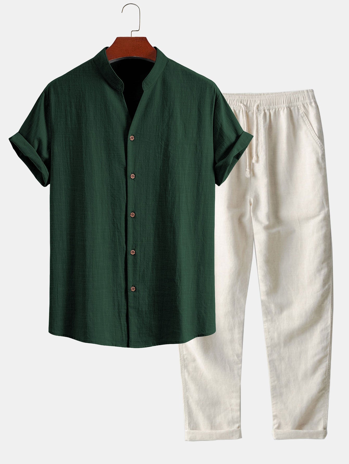 Linen Look V-Neck Stand Collar Shirt & Straight Leg Linen Pants