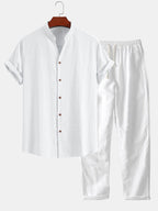 Linen Look V-Neck Stand Collar Shirt & Straight Leg Linen Pants