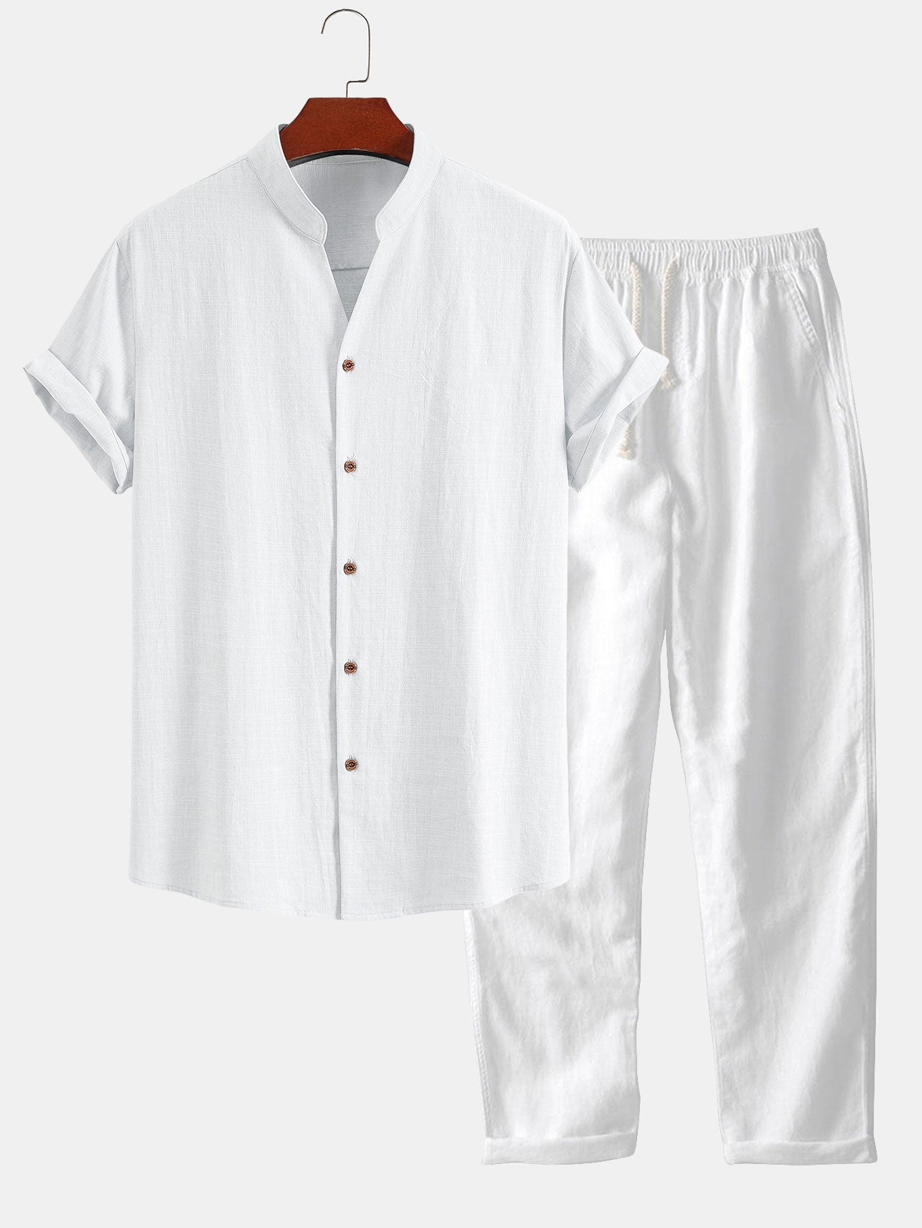 Linen Look V-Neck Stand Collar Shirt & Straight Leg Linen Pants