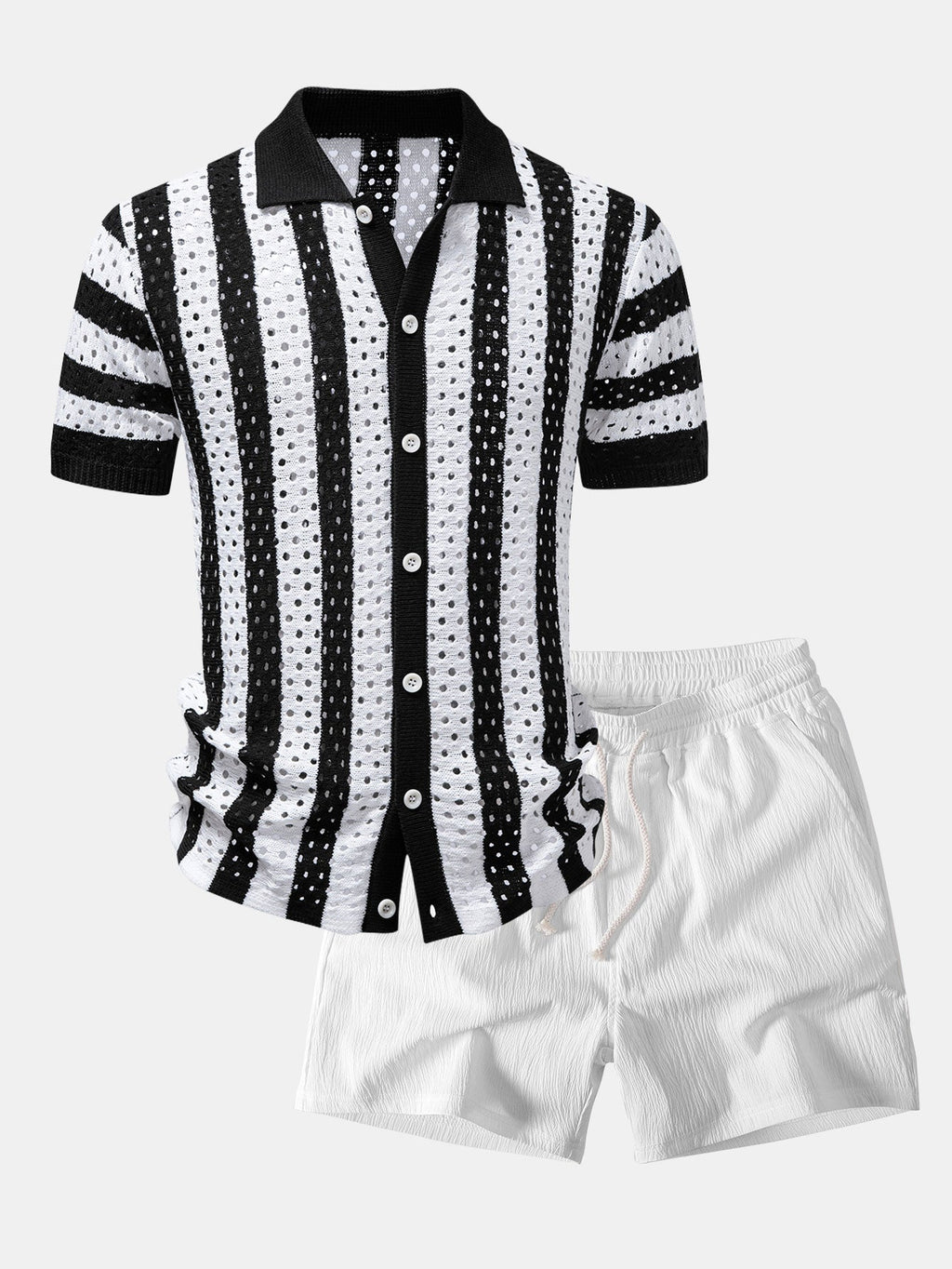 Stripe Open Knit Shirt & Crinkle Textured Drawstring 5" Shorts