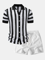 Stripe Open Knit Shirt & Crinkle Textured Drawstring 5" Shorts