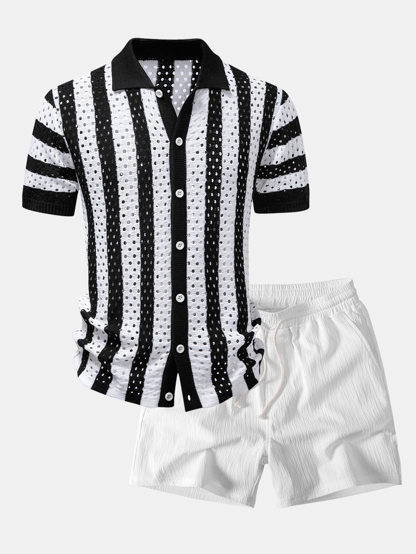 Stripe Open Knit Shirt & Crinkle Textured Drawstring 5" Shorts