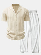 Textured Jacquard Open Knit Shirt & Crinkle Textured Straight Leg Pants