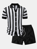 Stripe Open Knit Shirt & Crinkle Textured Drawstring 5" Shorts