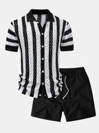 Stripe Open Knit Shirt & Crinkle Textured Drawstring 5" Shorts