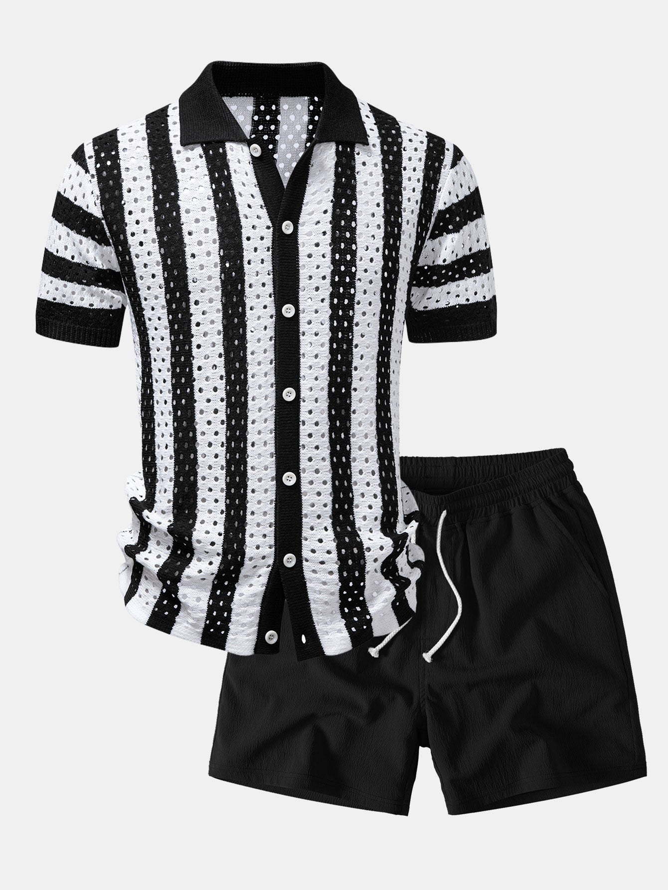 Stripe Open Knit Shirt & Crinkle Textured Drawstring 5" Shorts